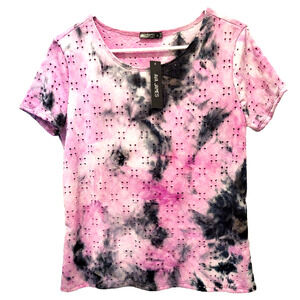 Pink Black Floral Eyelet Top Tie Dye Look Short Sleeves XL Ava James NEW